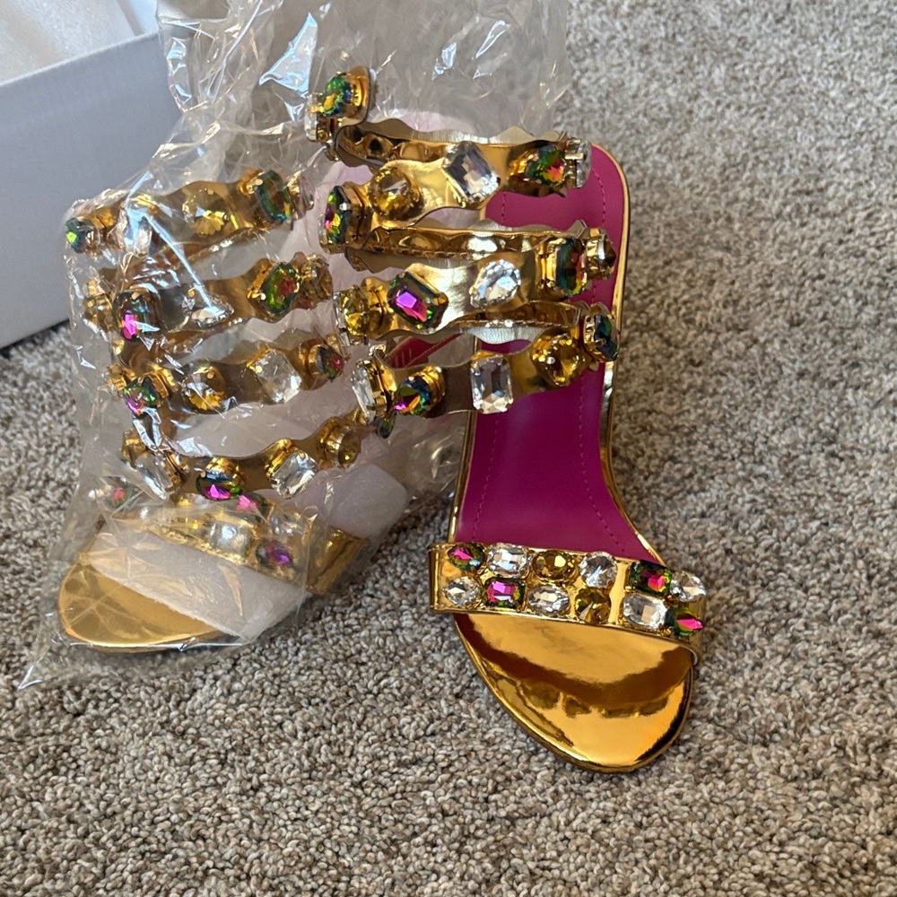 Elegant Gold and Pink Embellished Heels